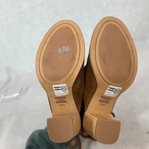 Toms Sandals Womens Sz 6.5 Brown Leather Elba Ruffle Peep Toe Block Heel NEW - Picture 5 of 7